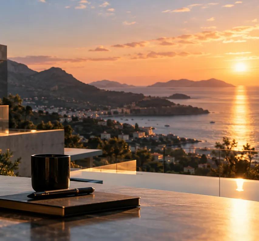 Coastline and mountains at sunset seen from a stone terrace.
