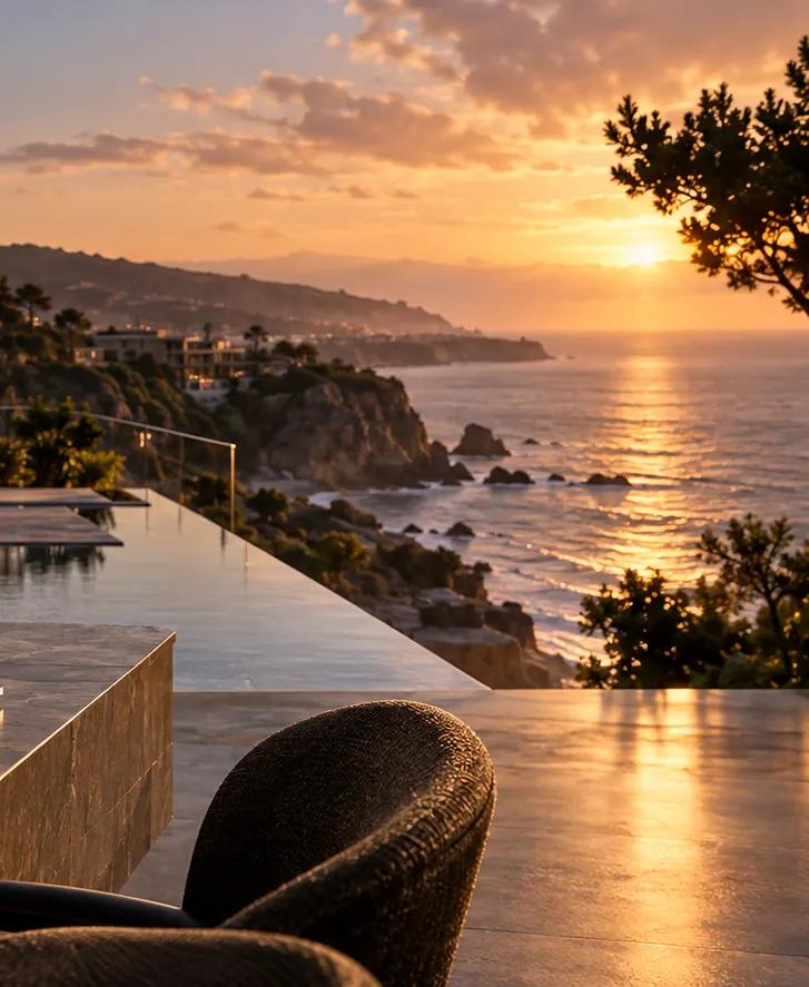 Terrace overlooking a rocky coastline in the evening light.