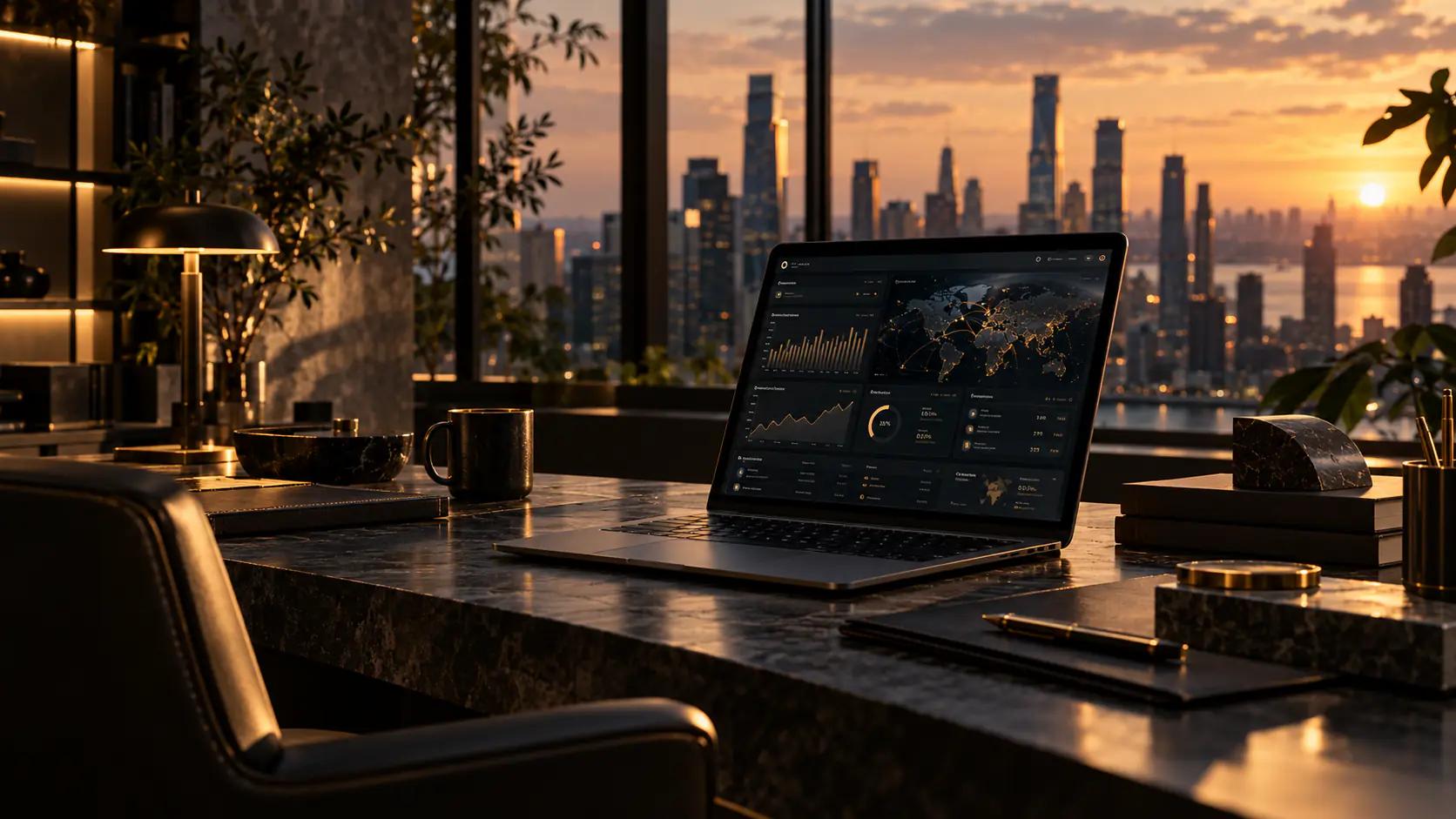 Executive office at sunset: a laptop showing an analytics dashboard on a stone desk, facing a city skyline.