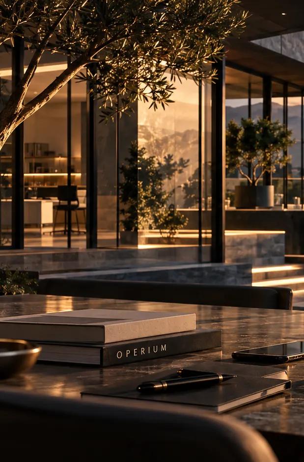 Glass pavilion with lit stairs and a stone table at dusk.